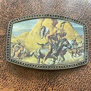 Vintage Western Native AmericanThemed Metal Belt Buckle Warrior Horse Scene